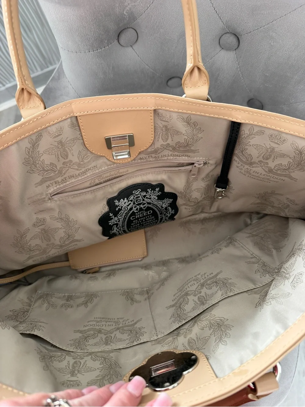 My Flat in London Beige Perforated Tote with Decorative Emblem